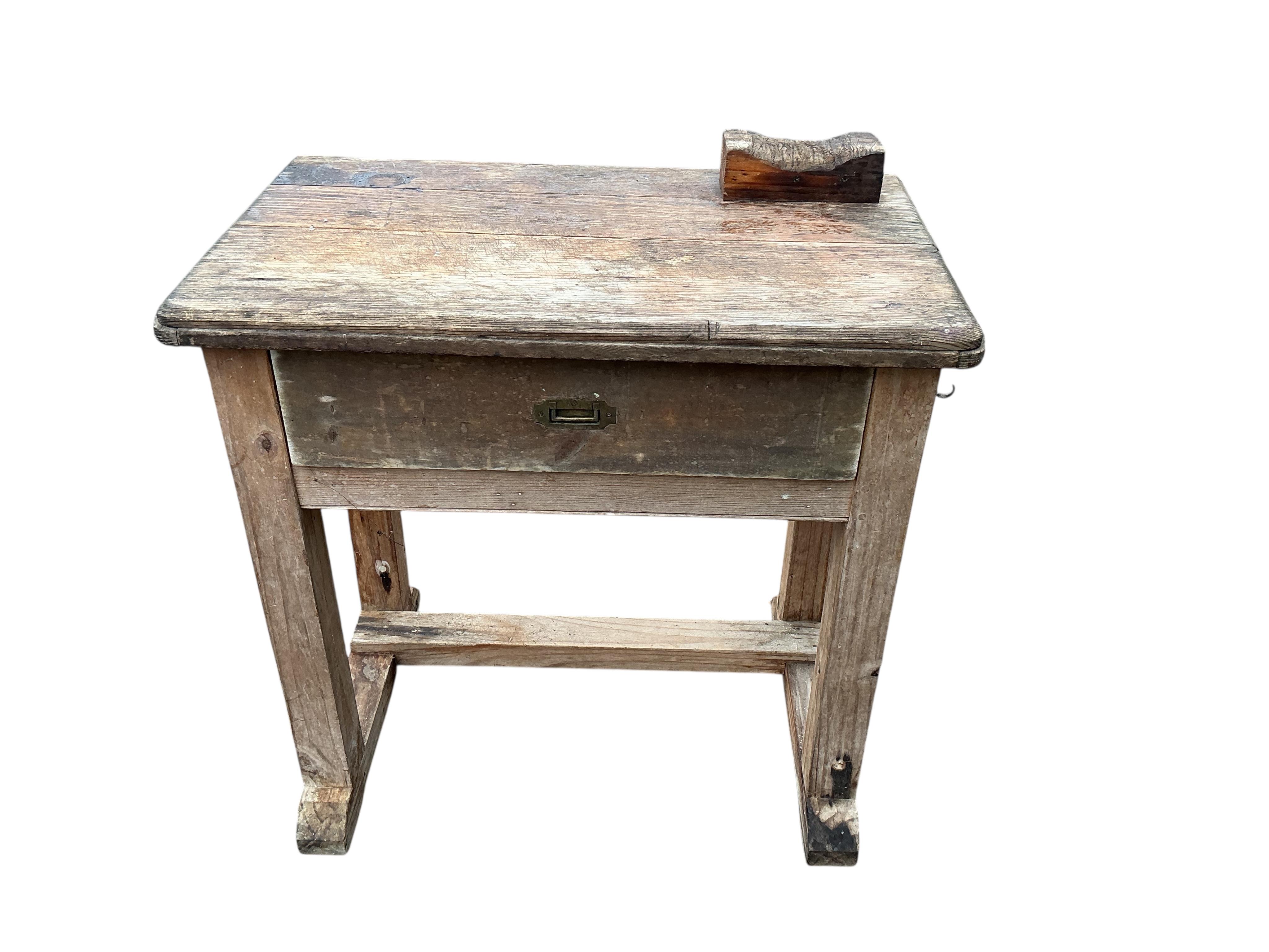 An early 20th century small potting shed work bench with drawer, width 92cm, depth 54cm, height 88cm